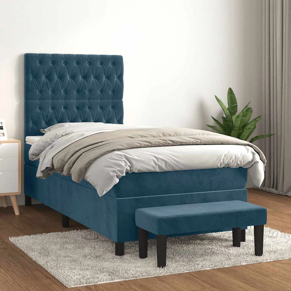 Lova su spyruoklėmis ir čiužiniu, mėlyna, 90x190 cm, aksomas