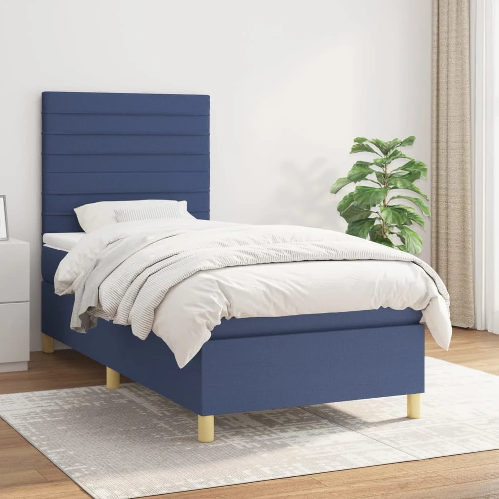 Lova su spyruoklėmis ir čiužiniu, mėlyna, 90x190 cm, audinys