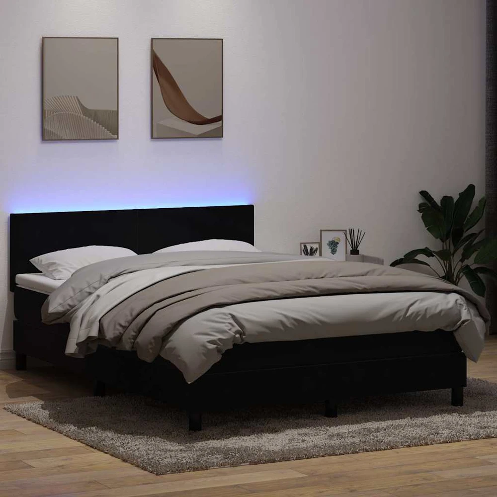 Lova su spyruokliniu/čiužiniu/LED, juoda, 160x210 cm, aksominė