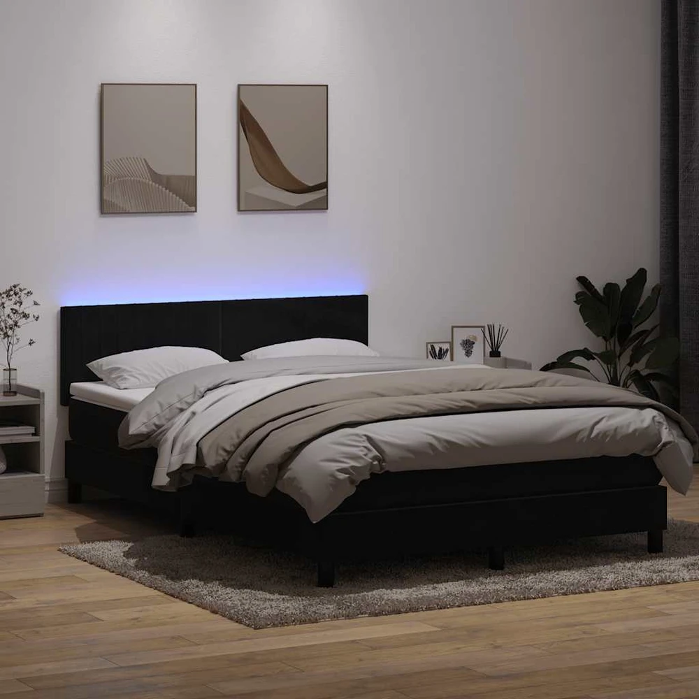 Lova su spyruokliniu/čiužiniu/LED, juoda, 160x210 cm, aksominė