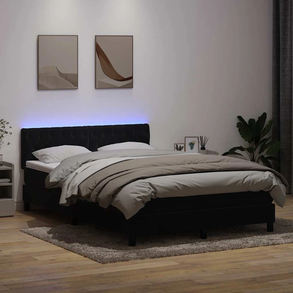Lova su spyruokliniu/čiužiniu/LED, juoda, 160x210 cm, aksominė