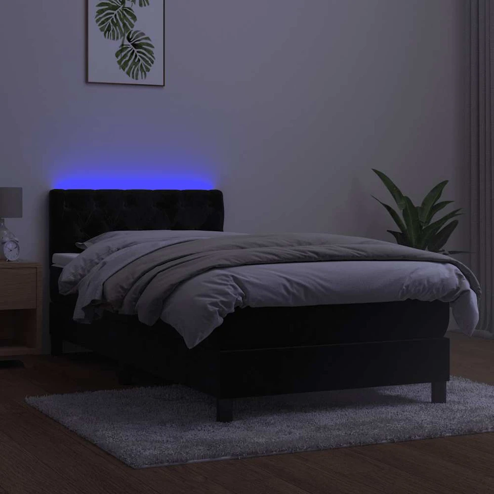 Lova su spyruoklėmis/čiužiniu/LED, juoda, 80x200cm, aksomas