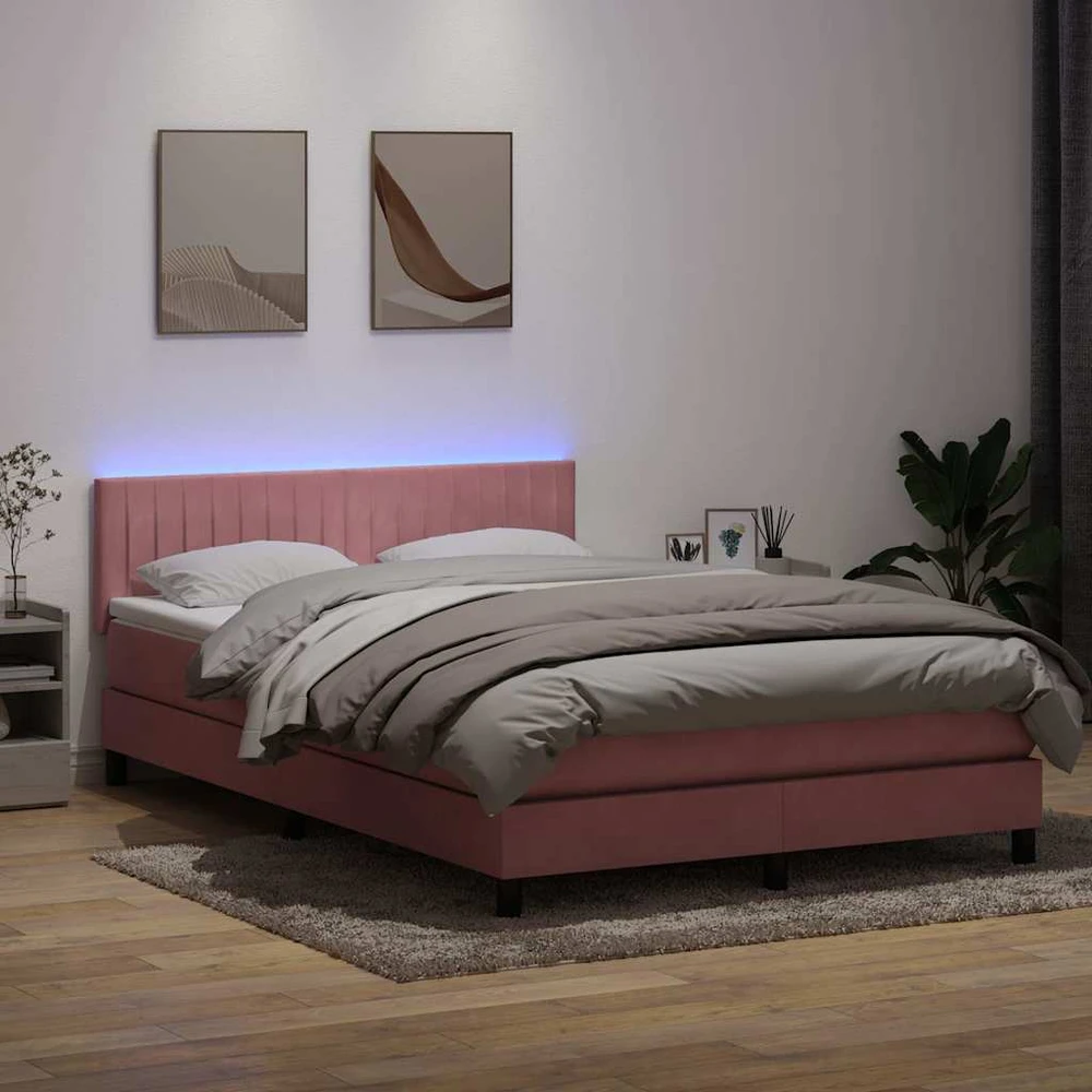 Lova su spyruokliniu/čiužiniu/LED, rožinė, 160x210 cm, aksomas