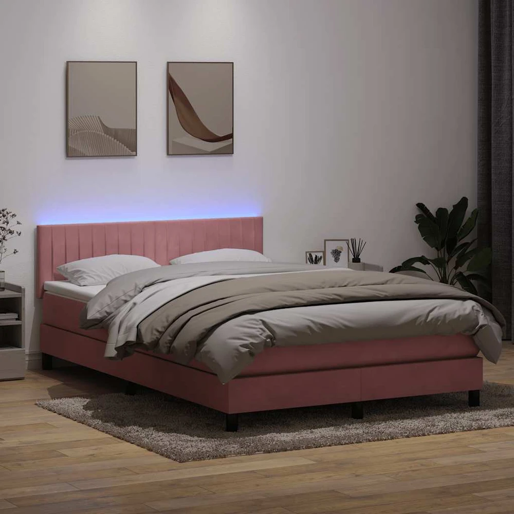 Lova su spyruokliniu/čiužiniu/LED, rožinė, 160x220 cm, aksomas