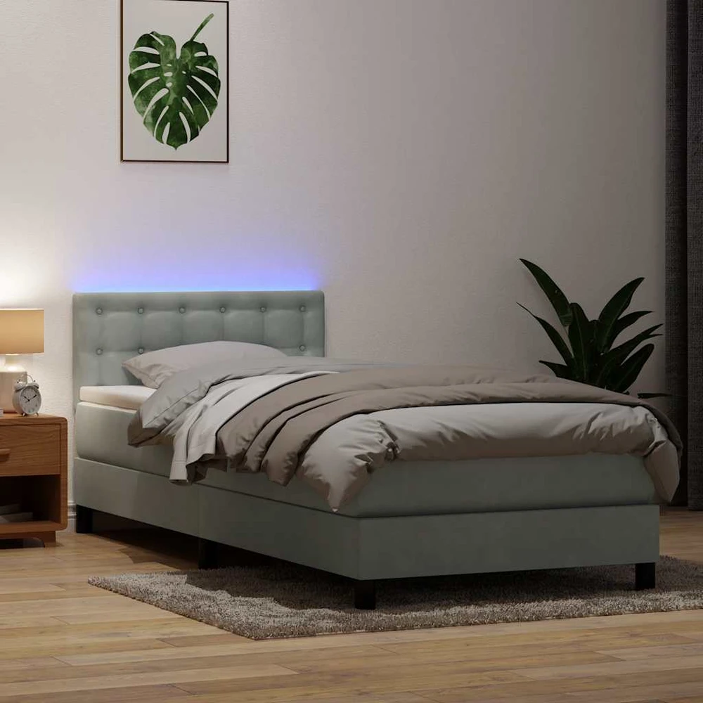 Lova su spyruokliniu/čiužiniu/LED, šviesiai pilka, 80x210 cm, aksomas