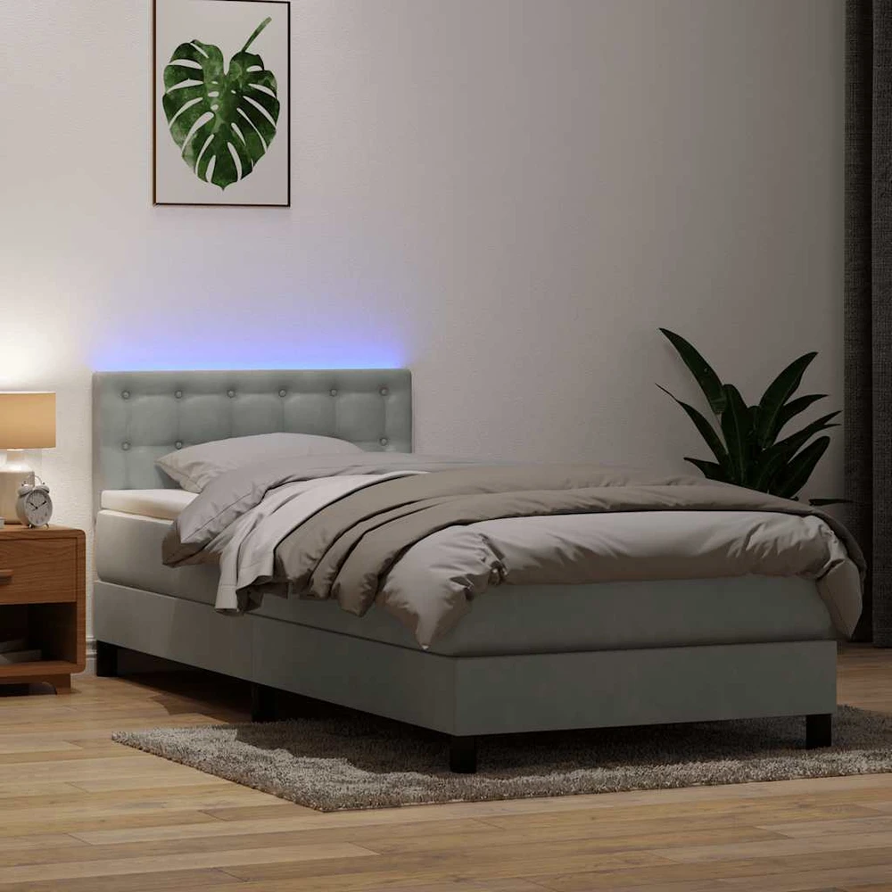 Lova su spyruokliniu/čiužiniu/LED, šviesiai pilka, 80x220 cm, aksomas