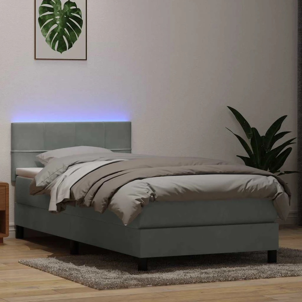 Lova su spyruokliniu/čiužiniu/LED, šviesiai pilka, 80x210 cm, aksomas