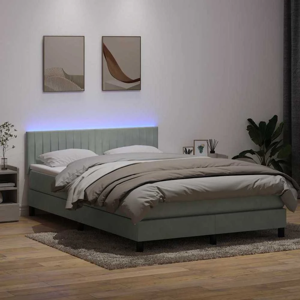 Lova su spyruokliniu/čiužiniu/LED, šviesiai pilka, 160x210 cm, aksomas