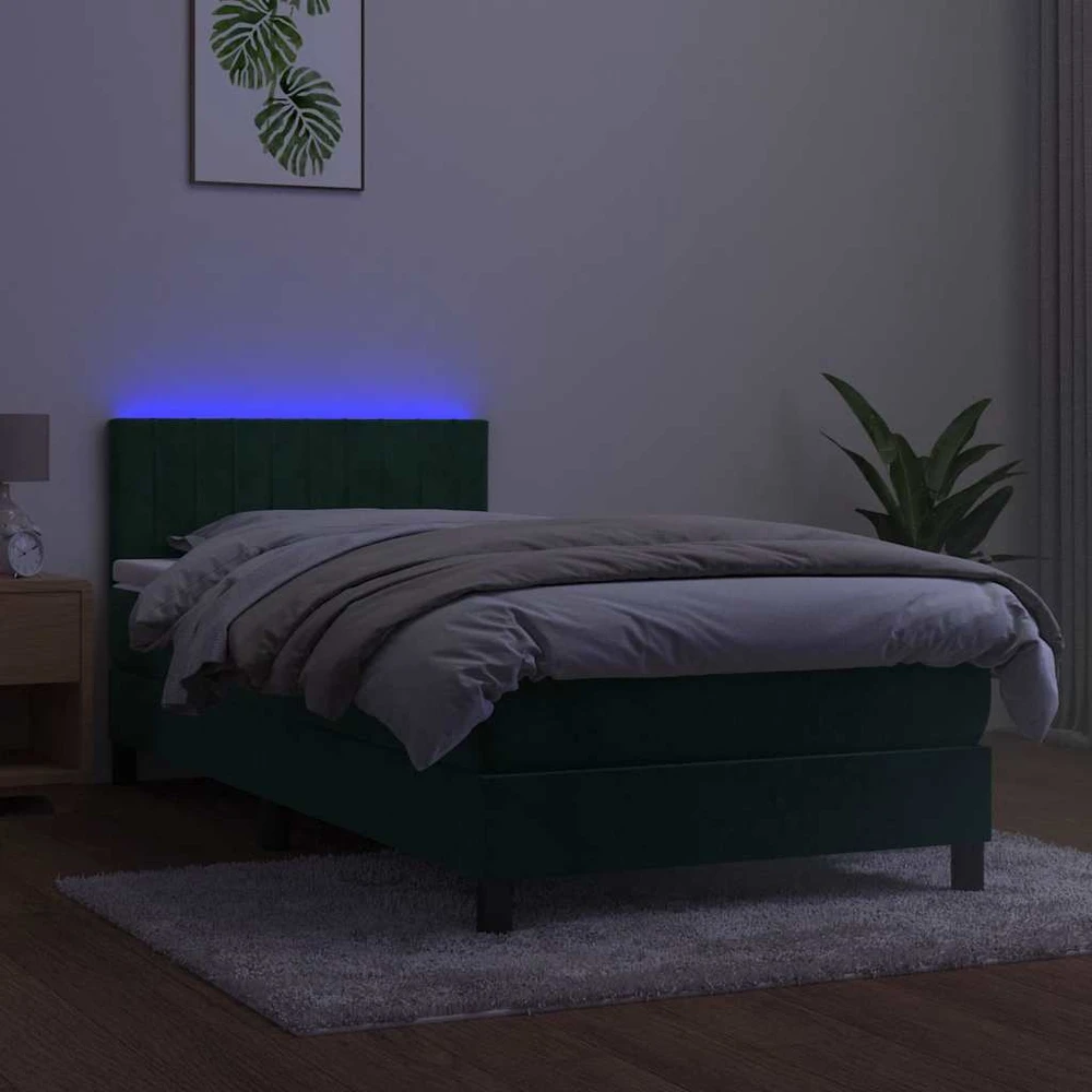Lova su spyruoklėmis/čiužiniu/LED, žalia, 90x190cm, aksomas