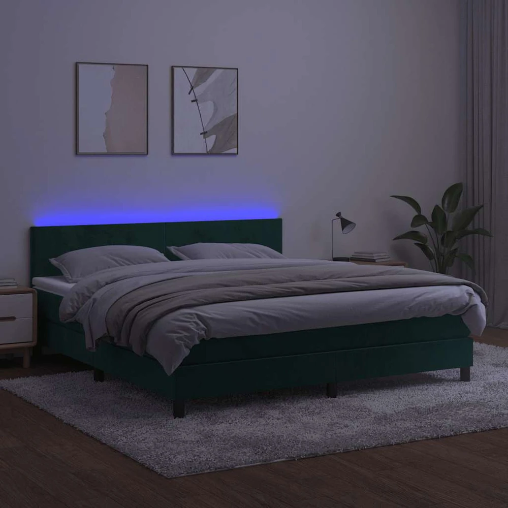 Lova su spyruoklėmis/čiužiniu/LED, žalia, 160x200cm, aksomas