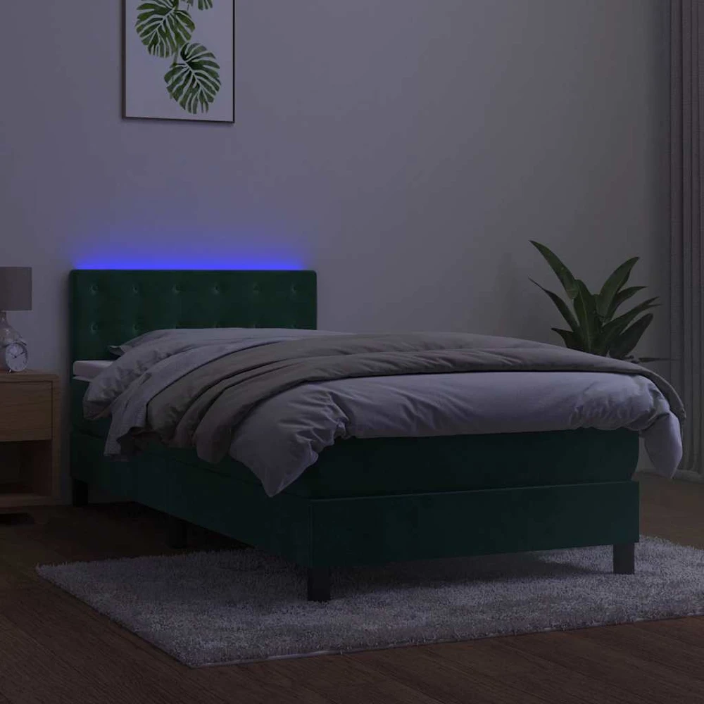 Lova su spyruoklėmis/čiužiniu/LED, žalia, 100x200cm, aksomas