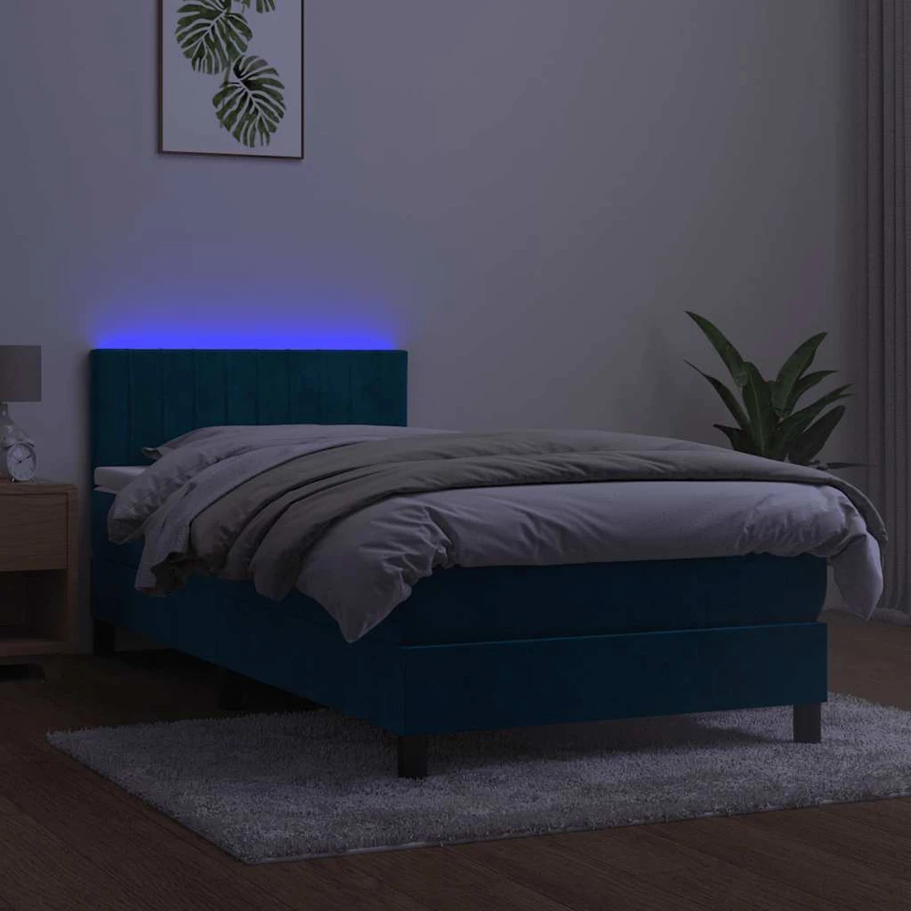 Lova su spyruoklėmis/čiužiniu/LED, mėlyna, 90x200cm, aksomas