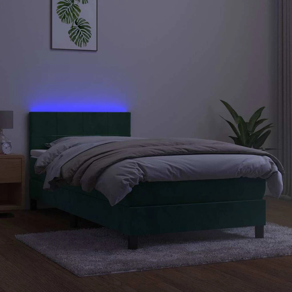 Lova su spyruoklėmis/čiužiniu/LED, žalia, 90x200cm, aksomas