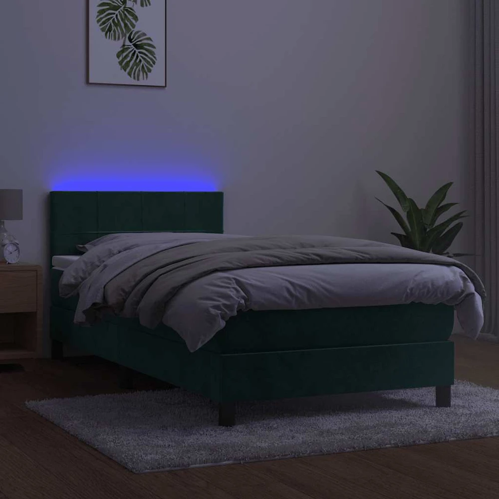 Lova su spyruoklėmis/čiužiniu/LED, žalia, 80x200cm, aksomas