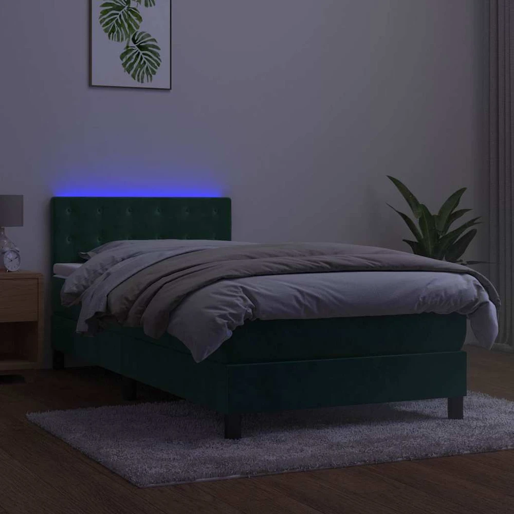 Lova su spyruoklėmis/čiužiniu/LED, žalia, 80x200cm, aksomas