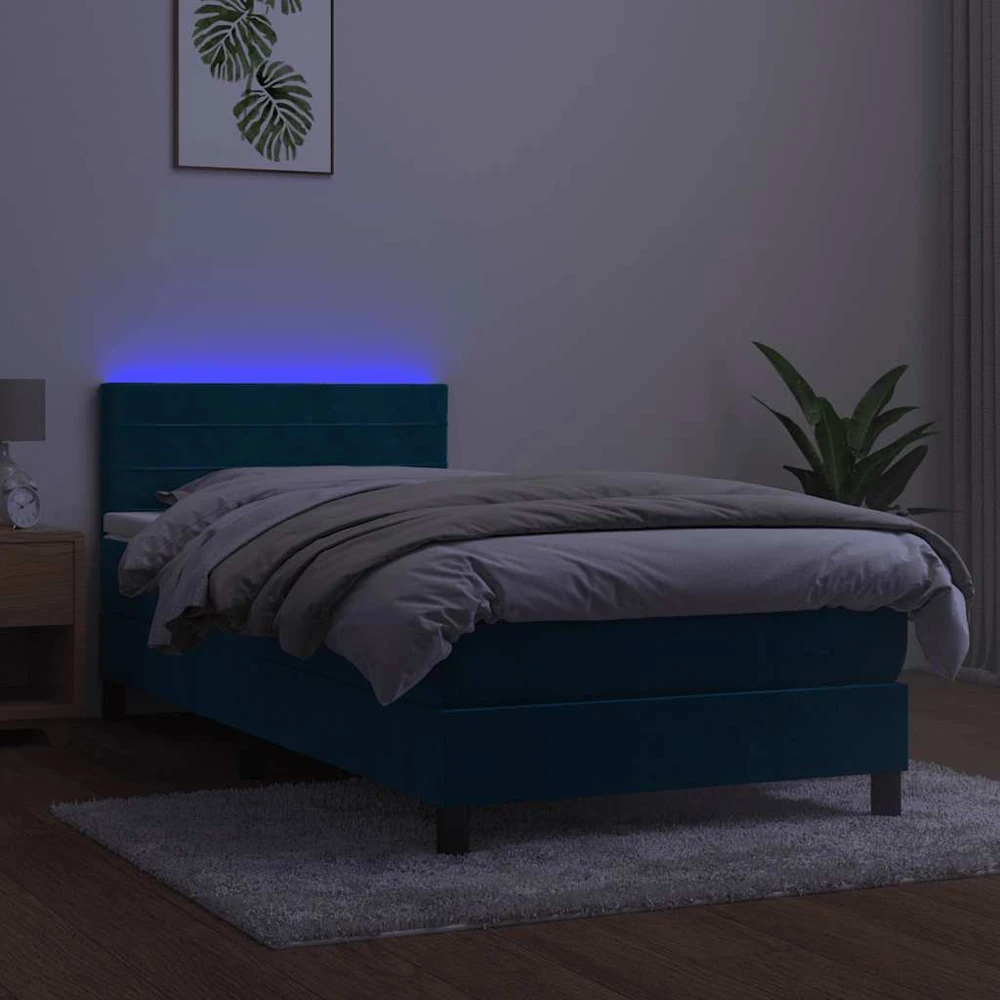 Lova su spyruoklėmis/čiužiniu/LED, mėlyna, 80x200cm, aksomas