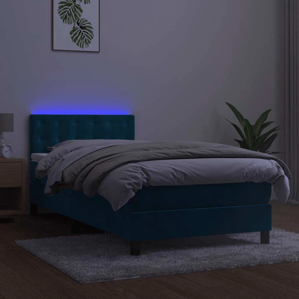 Lova su spyruoklėmis/čiužiniu/LED, mėlyna, 90x190cm, aksomas