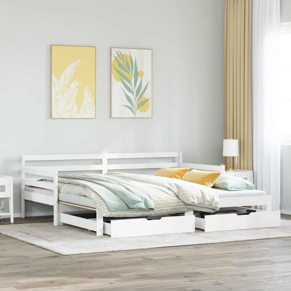 Lova su stalčiais, balta, 90x200cm, pušies medienos masyvas