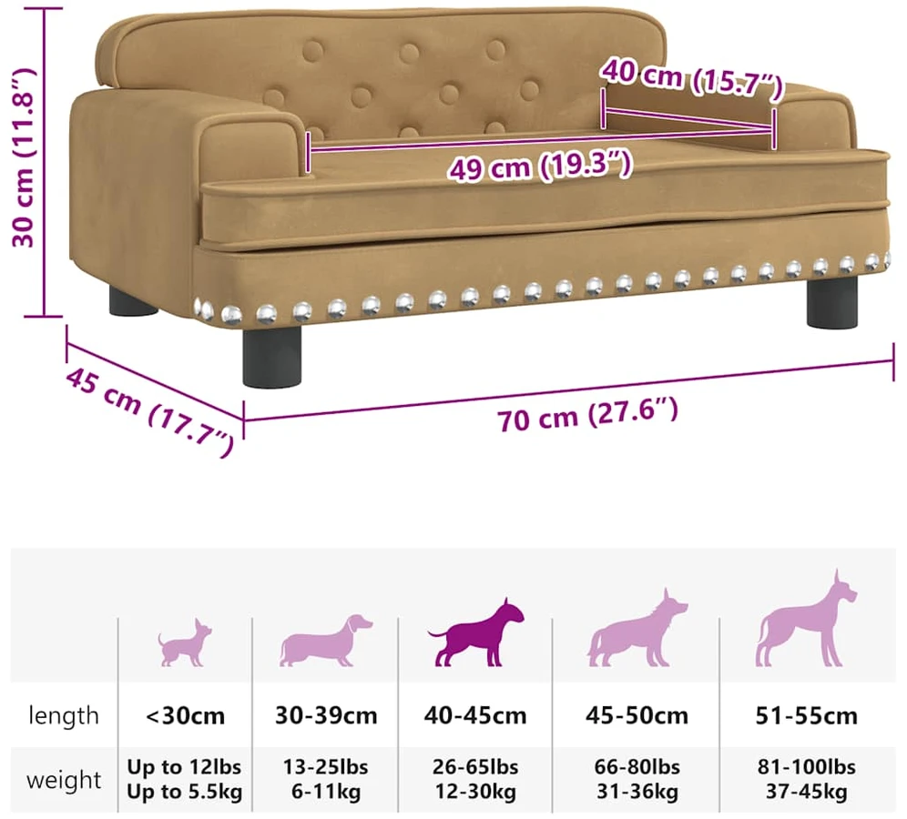 Lova šunims, rudos spalvos, 70x45x30cm, aksomas