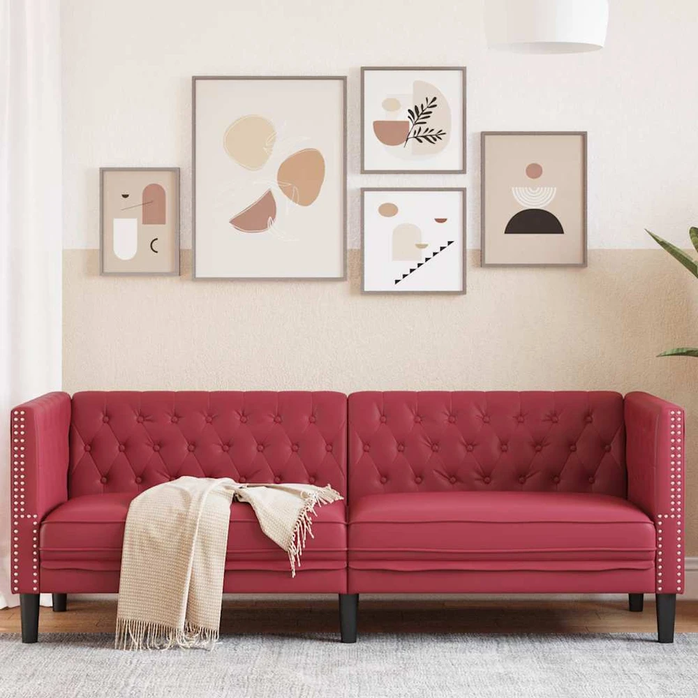 Trivietė chesterfield sofa, raudonojo vyno sp., dirbtinė oda