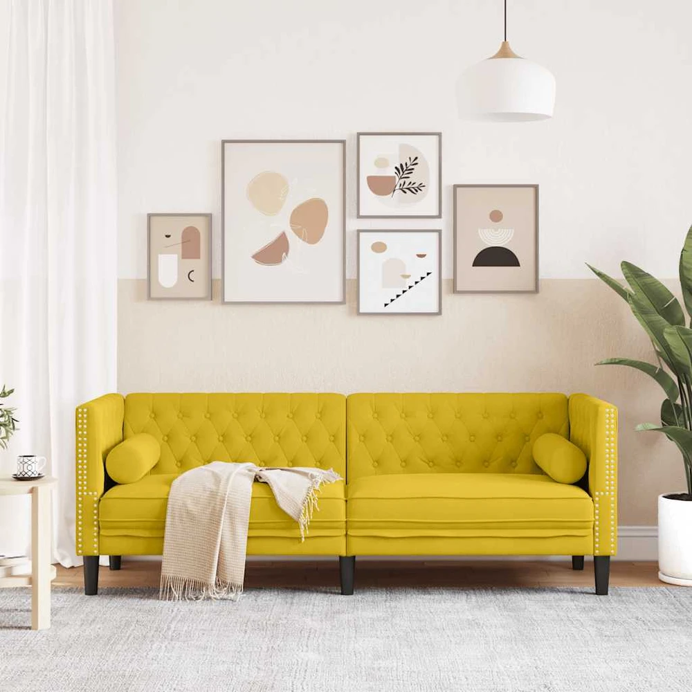 Trivietė chesterfield sofa su pagalvėlėmis, geltona, aksomas