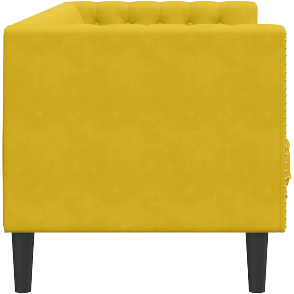 Trivietė chesterfield sofa su pagalvėlėmis, geltona, aksomas