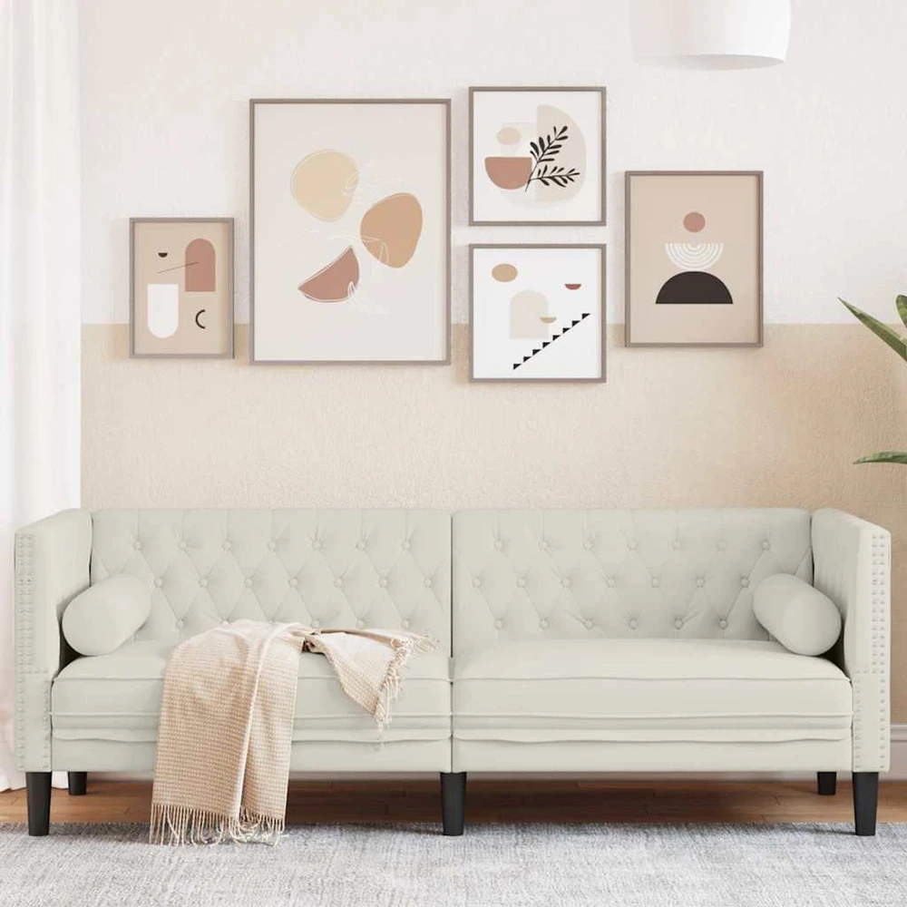 Trivietė chesterfield sofa su pagalvėlėmis, kreminė, aksomas