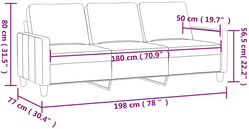 Trivietė sofa, kreminės spalvos, 180cm, aksomas