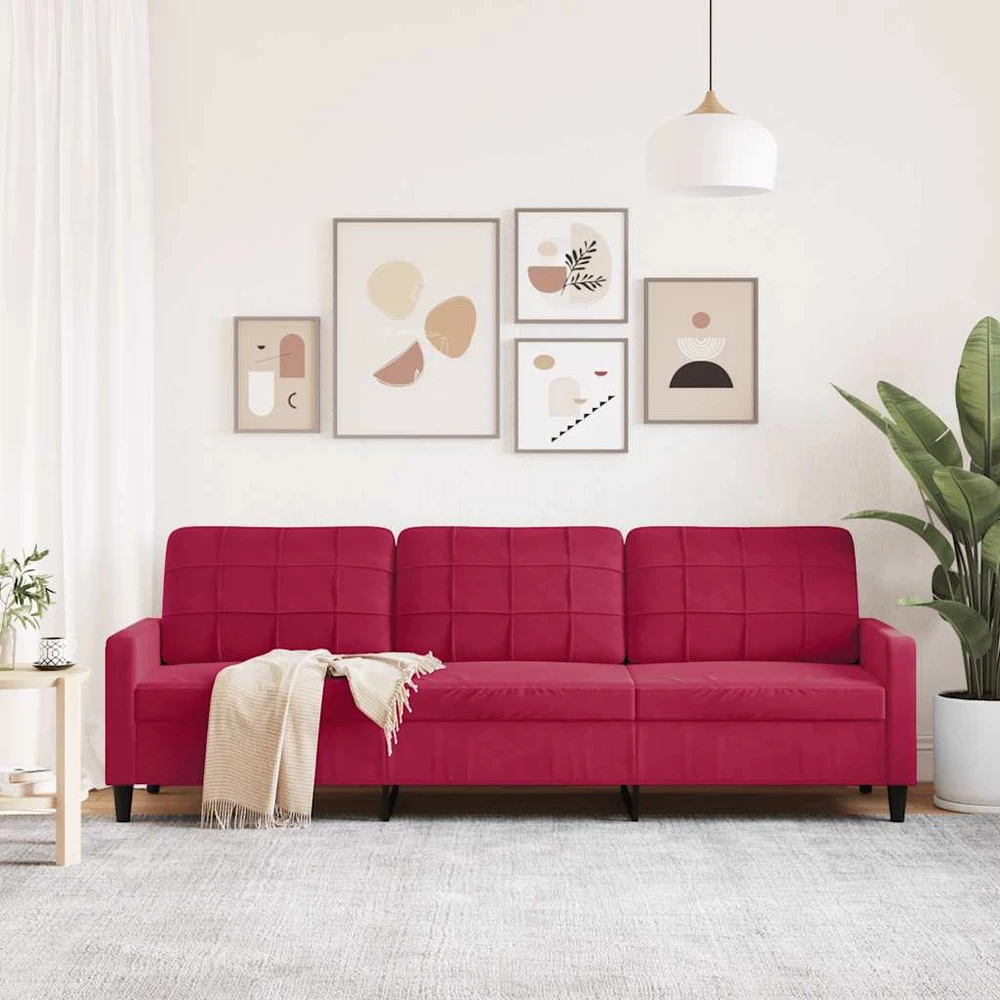 Trivietė sofa, raudonojo vyno spalvos, 210cm, aksomas