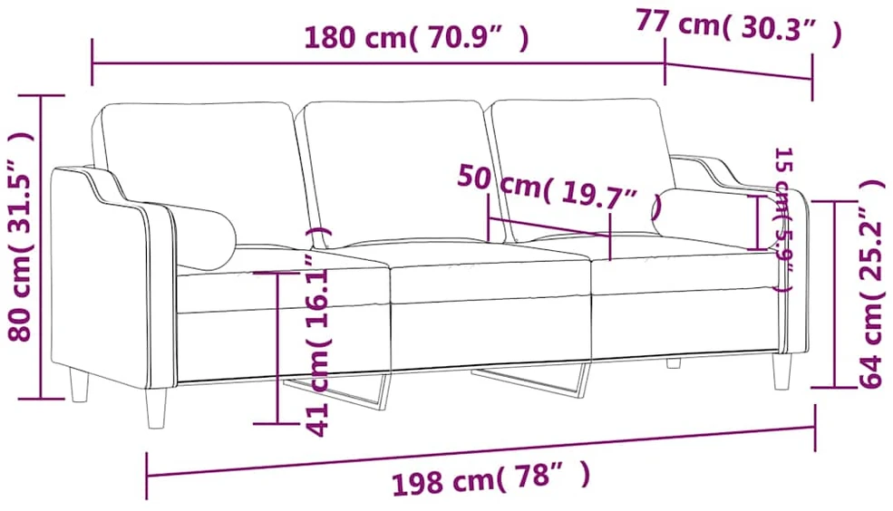 Trivietė sofa su pagalvėlėmis, juodos spalvos, 180cm, audinys