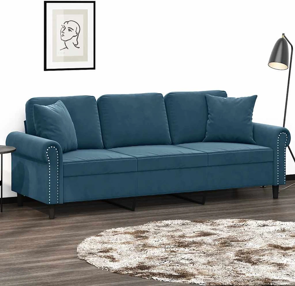 Trivietė sofa su pagalvėlėmis, mėlynos spalvos, 180cm, aksomas