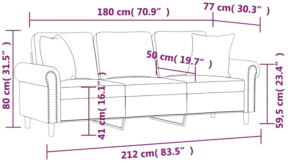 Trivietė sofa su pagalvėlėmis, raudonojo vyno, 180cm, aksomas