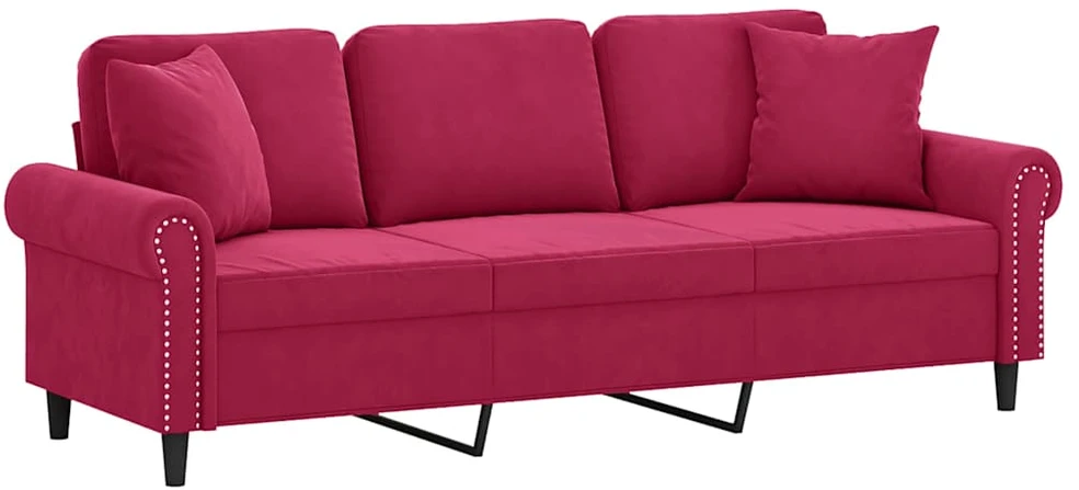 Trivietė sofa su pagalvėlėmis, raudonojo vyno, 180cm, aksomas