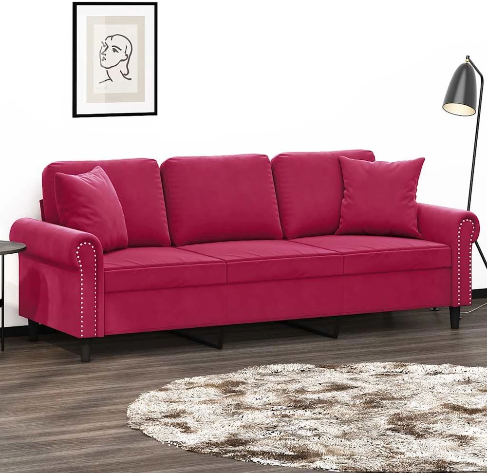 Trivietė sofa su pagalvėlėmis, raudonojo vyno, 180cm, aksomas