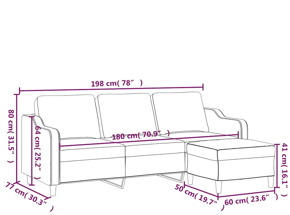 Trivietė sofa su pakoja, juodos spalvos, 180cm, audinys