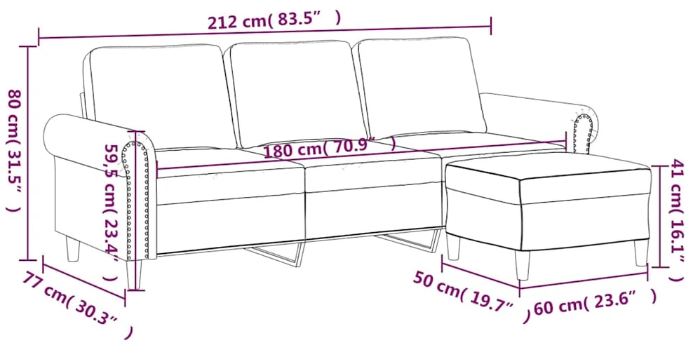Trivietė sofa su pakoja, mėlynos spalvos, 180cm, aksomas