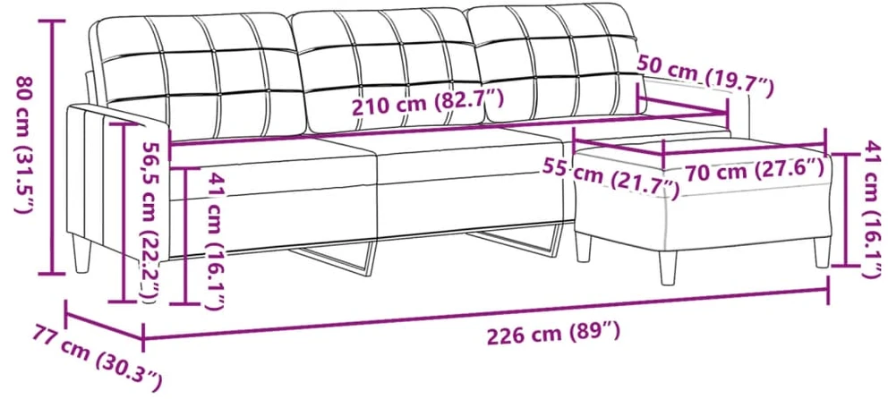 Trivietė sofa su pakoja, raudonojo vyno spalvos, 210cm, audinys