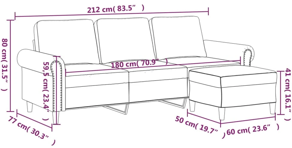 Trivietė sofa su pakoja, raudonojo vyno spalvos, 180cm, aksomas