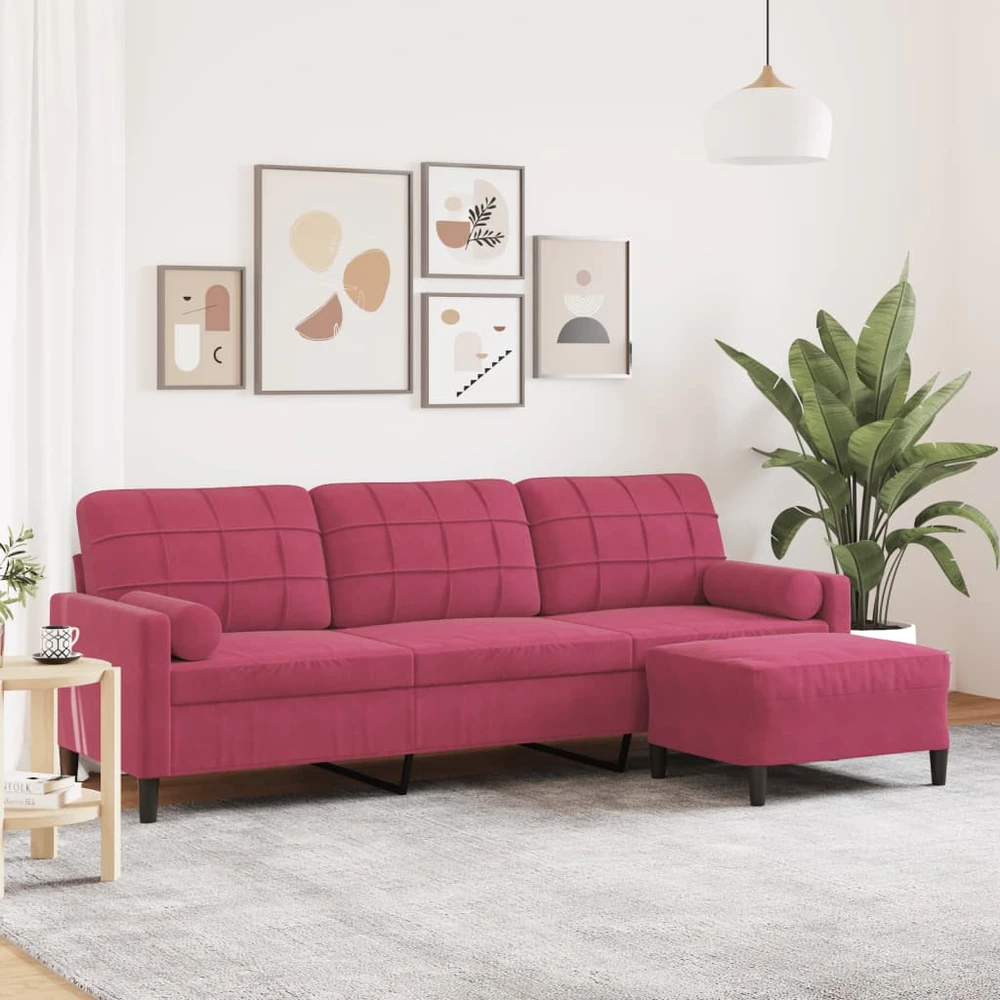 Trivietė sofa su pakoja, raudonojo vyno spalvos, 210cm, aksomas