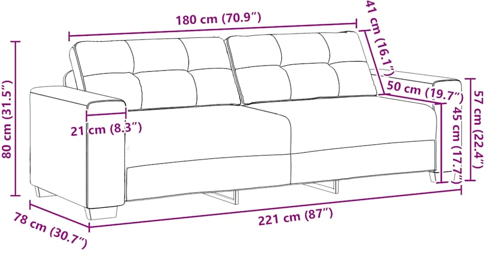 Trivietė sofa, tamsiai pilka, 220x78x80 cm, audinys