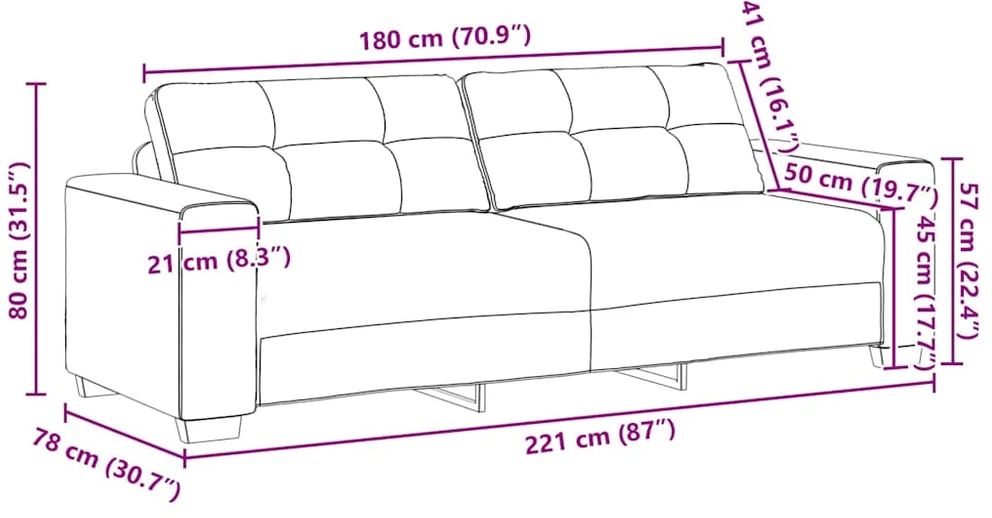 Trivietė sofa, tamsiai pilka, 220x78x80 cm, aksomas