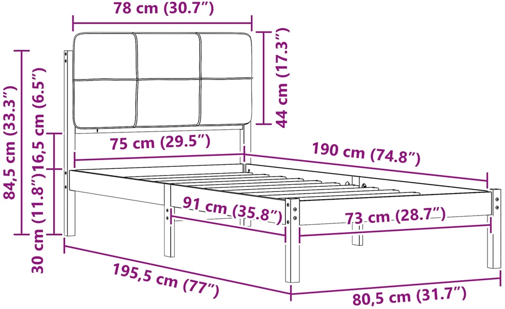 Lova Lovo rėmas su apmuštu galvūgaliu Juoda 75 x 190 cm