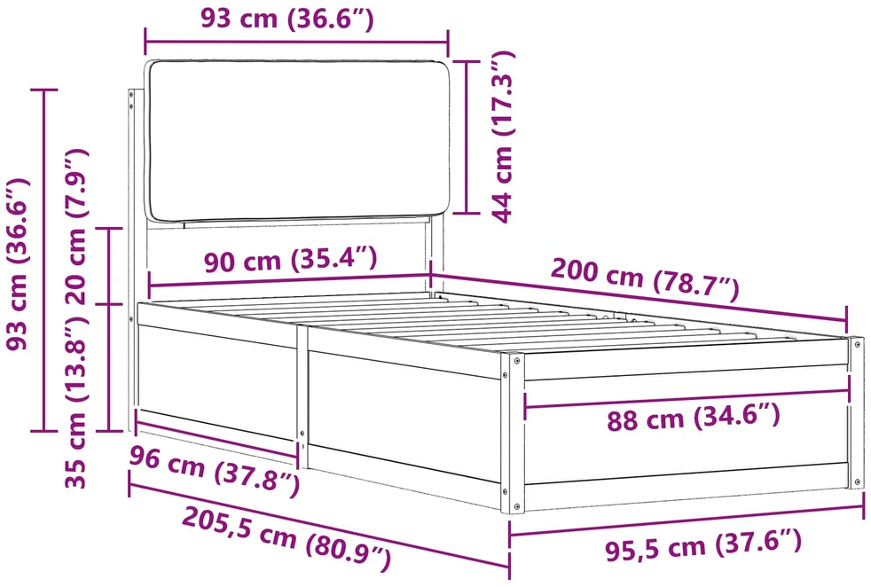 Lova Lovo rėmas su apmuštu galvūgaliu Juoda 90 x 200 cm