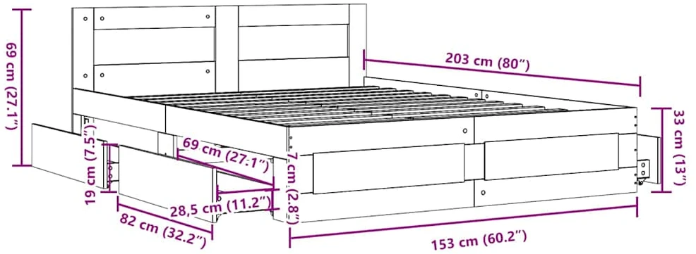 Lovos rėmas su stalčių Baltas 150 x 200 cm Apdirbta mediena