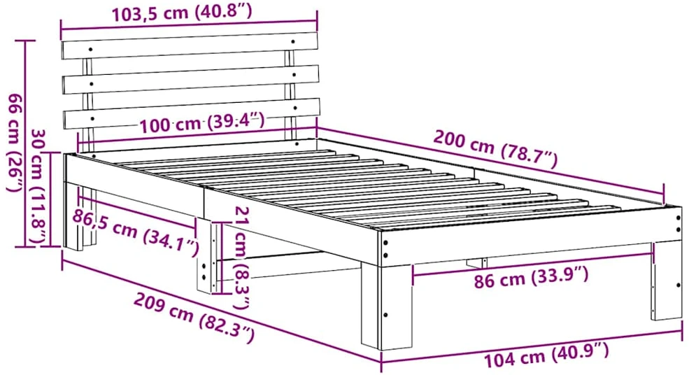 Lova Lovos rėmas Balta 100 x 200 cm Kietos pušies mediena