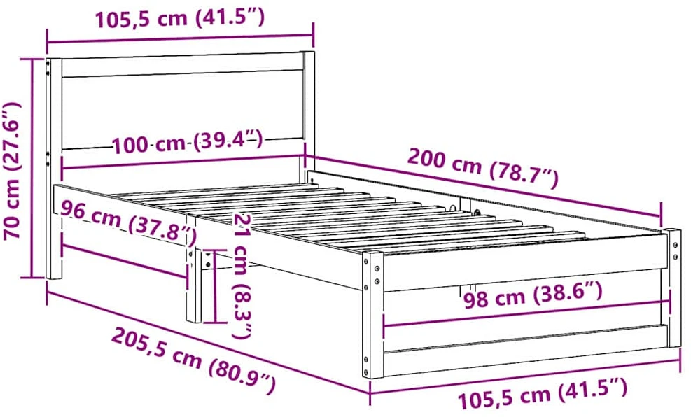 Lova Lovos rėmas Balta 100 x 200 cm Kietos pušies mediena