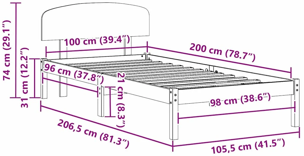 Lovos rėmas Balta 100 x 200 cm Kietos pušies mediena