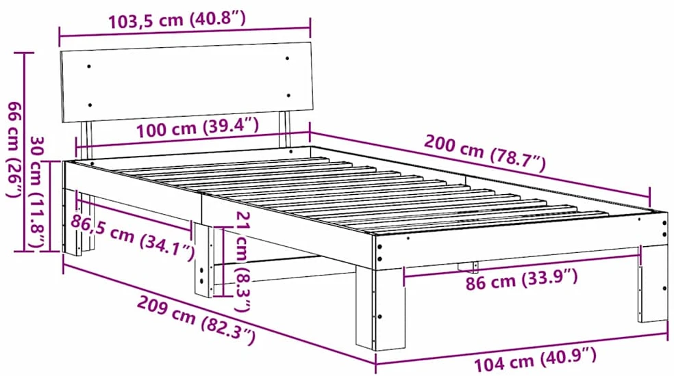 Lova Lovos rėmas Balta 100 x 200 cm Kietos pušies mediena