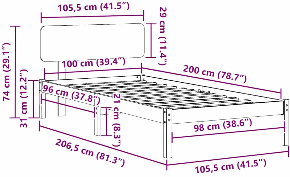 Lova Lovos rėmas Balta 100 x 200 cm Kietos pušies mediena