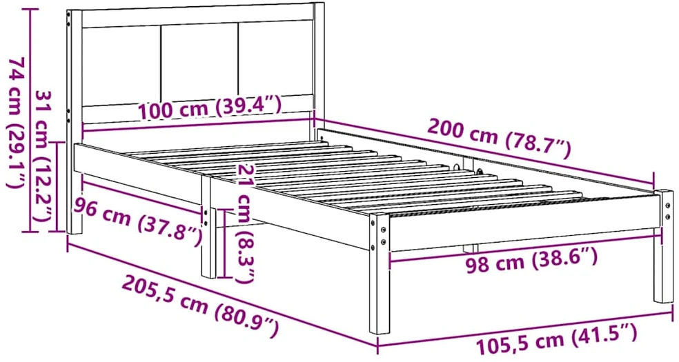 Lova Lovos rėmas Balta 100 x 200 cm Pušies medienos masyvas